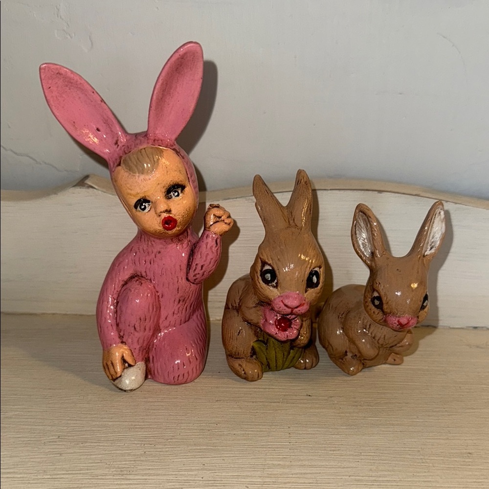Pink and Brown Bunny Figurine Set